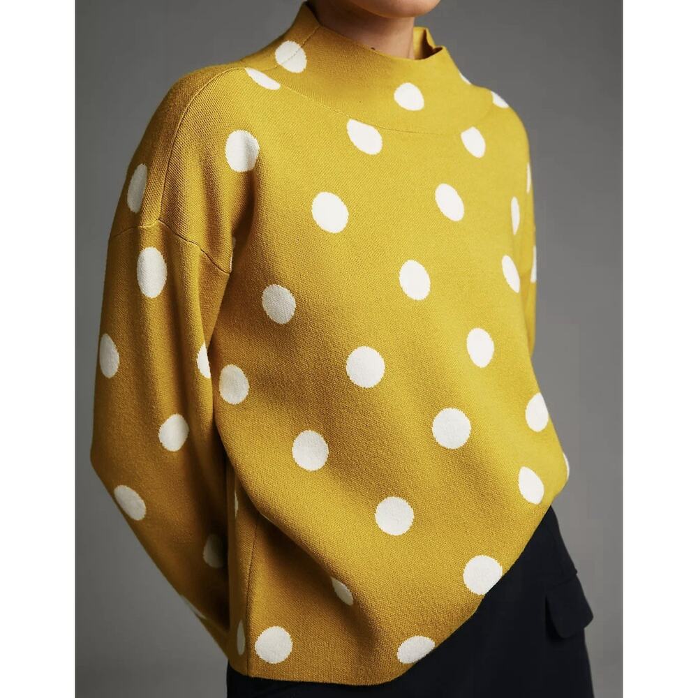 MAEVE by Anthropologie Carys Mock Neck Sweater Small White Green Polka Dot - Picture 2 of 11